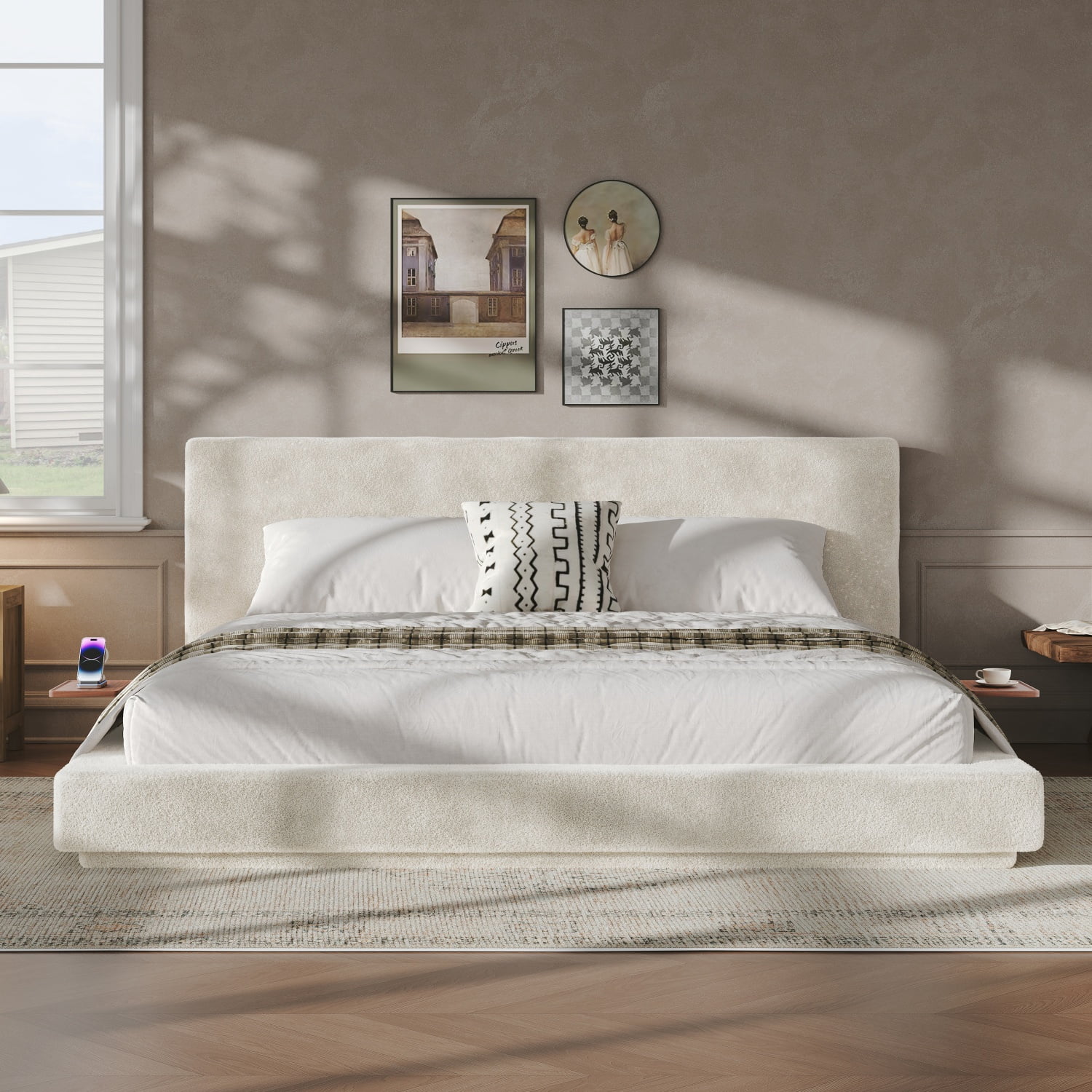 King Bed Frame with Adjustable Sliding Side Table Visual Floating Effect, 8.7" Cloud Upholstered Sponge Cushion, Easy Assembly (Off-White)
