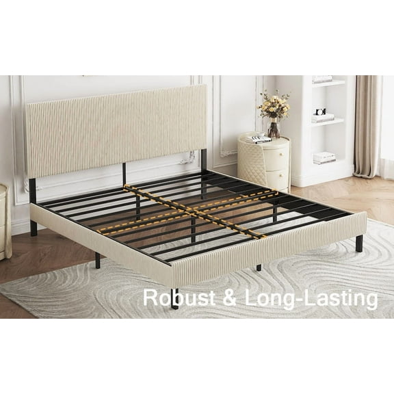 King Bed Frame with Bandaged Headboard - Sturdy Metal Construction, Easy Assembly, Elegant Off-White Design for Modern Bedrooms