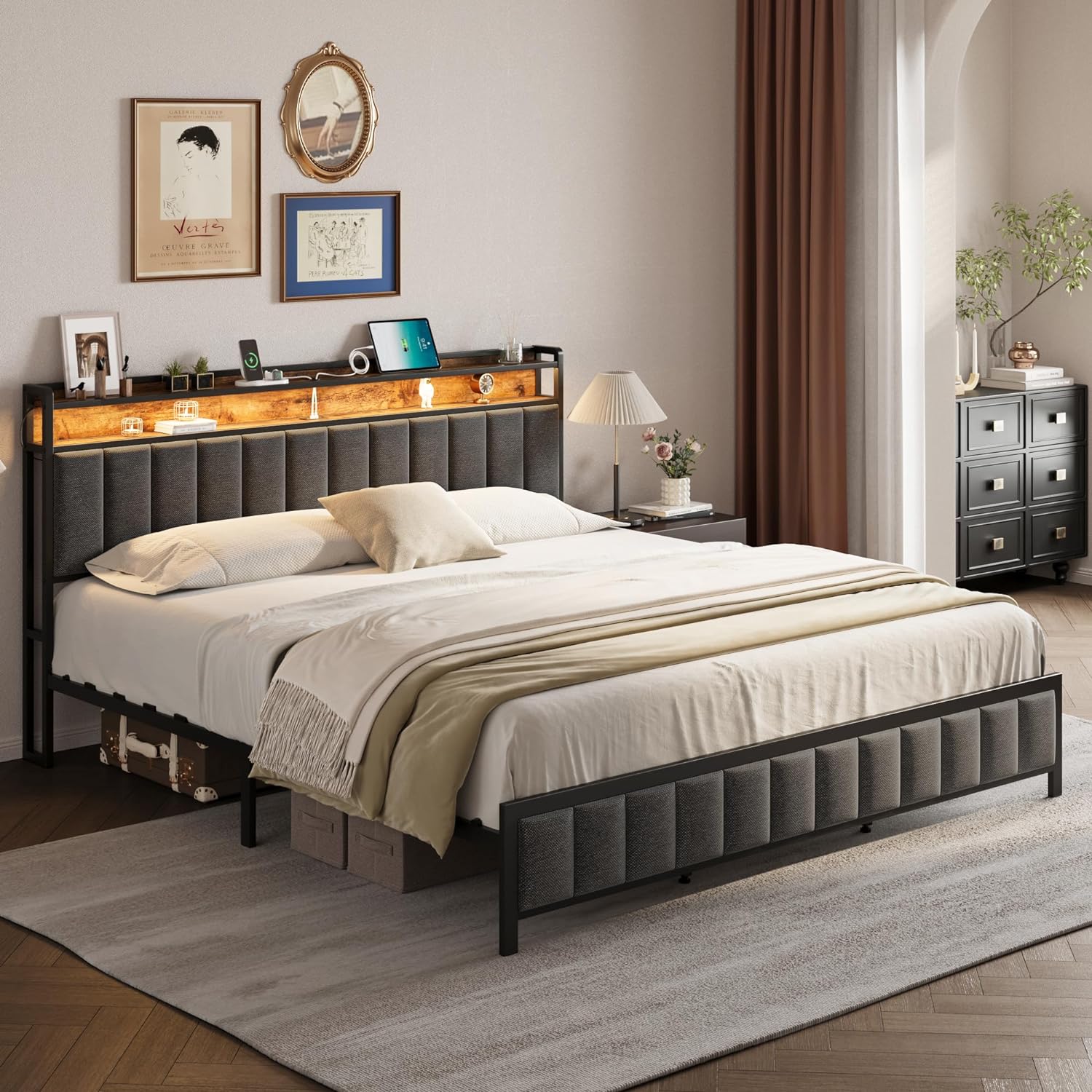 King Bed Frame with Charging Station, Upholstered King Size Bed Frame