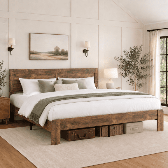 King Bed Frame with Headboard Farmhouse Wooden Bed Frame, Metal Slats, No Box Spring Needed, Easy Assembly, Supports 800 lbs, Brown