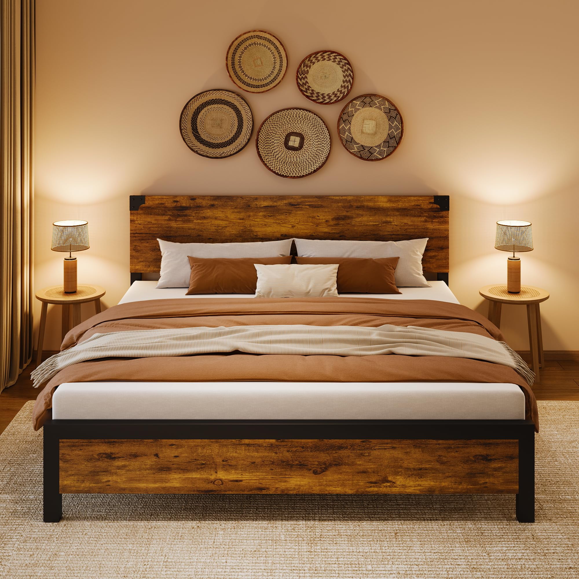 King Bed Frame with Headboard, King Platform Bed Frame with Under Bed Storage and Metal Legs, King Size Bed Frame for Noise Free, Brown