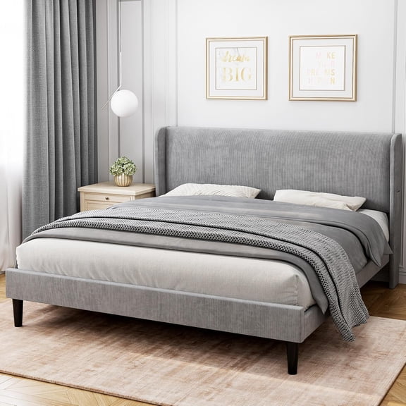 King Bed Frame with Headboard, Upholstered Bed Frame with Wood Slats, Sturdy Support Feet, No Box Spring Needed, Easy Assembly, Lingt Gray