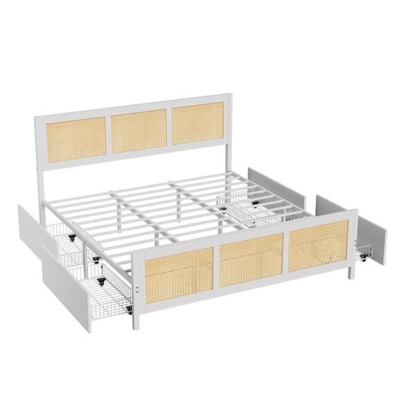 King Bed Frame with LED Lights and Drawers – Boho Rattan Cane Platform Bed, Strong Metal Slats, Noise-Free, Easy Assembly, White