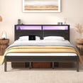 thumbnail image 1 of King Bed Frame with LED and Charging Station, Metal Platform Bed with Storage Headboard, Black, 1 of 11
