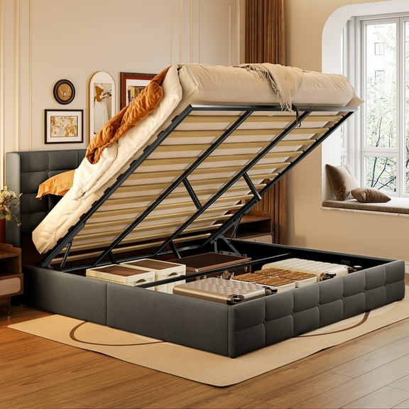 Asofer King Upholstered Bed Frame with Lift Up Storage & Modern Wingback Headboard, No Box Spring Needed, Gray