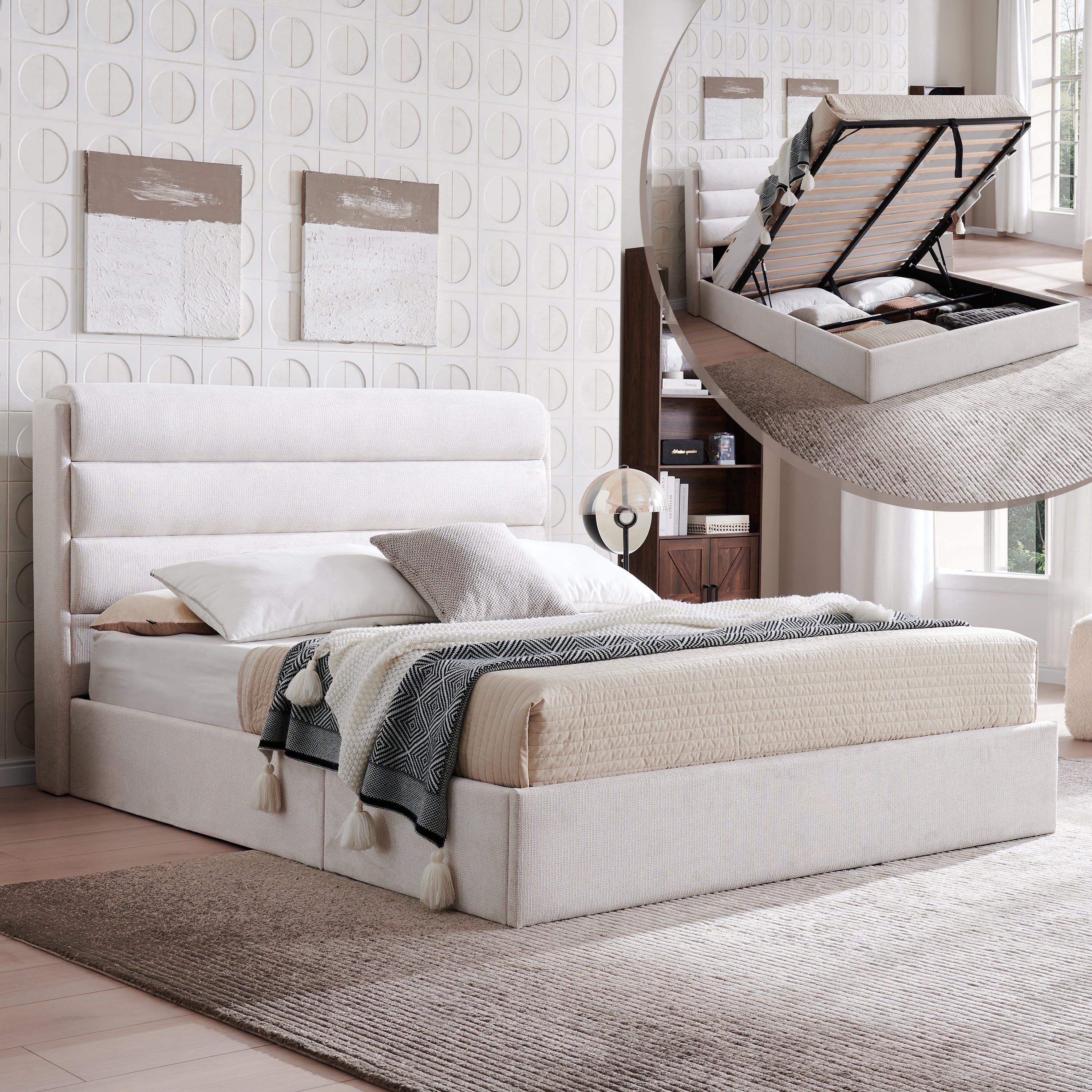 Queen Bed Frame with Lift up Storage, Wood Bed Frame with Headboard and Solid Wood Slats Support, Sturdy and Noiseless, Ivory