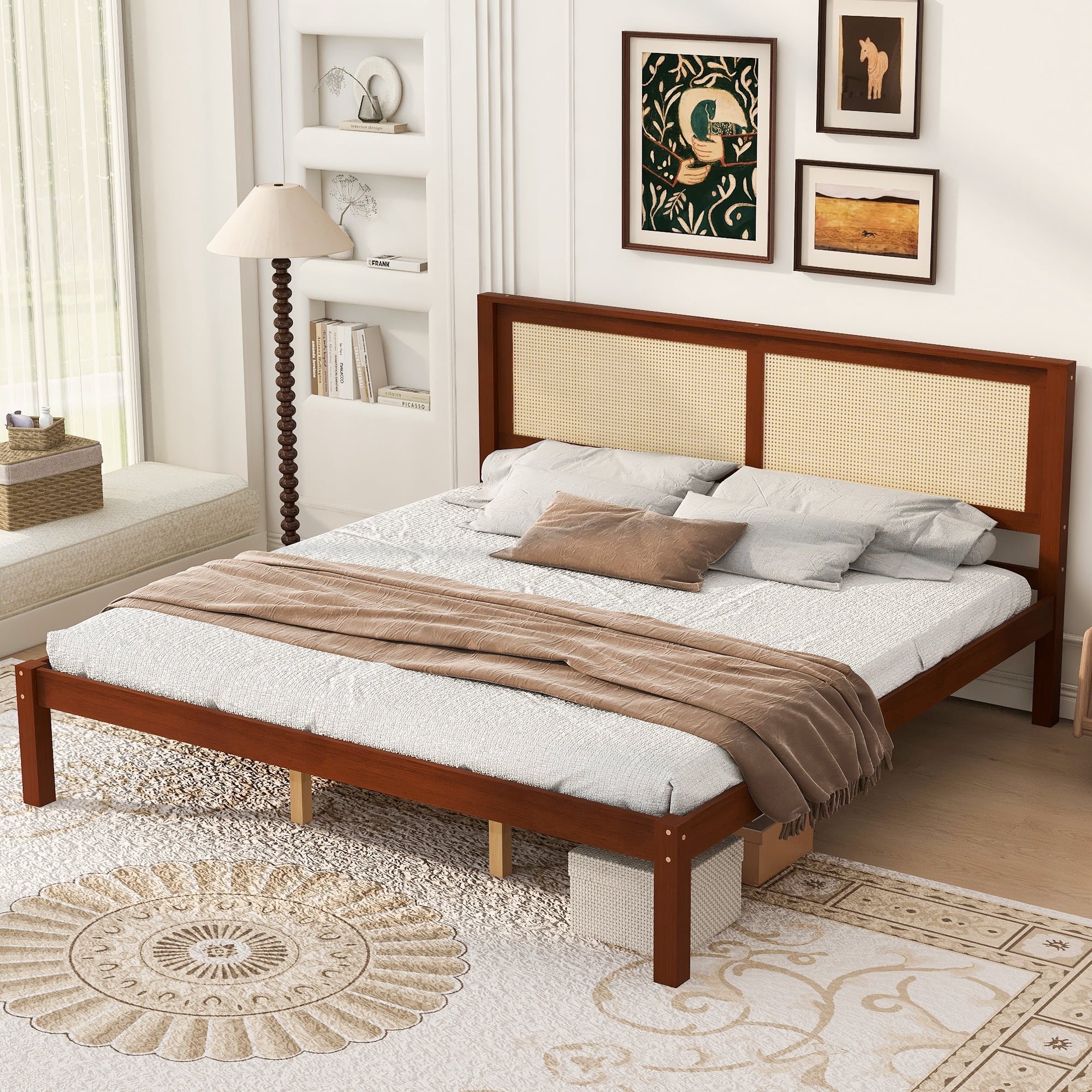 King Bed Frame with Rattan Headboard, Solid Wood Platform Bed and Farmhouse Boho Bed Frame with Under-Bed Storage for Bedroom, Walnut Finish