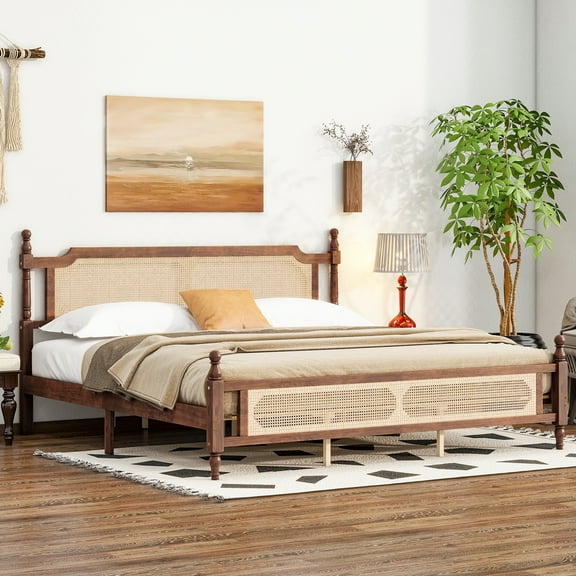 King Bed Frame with Rattan Headboard and Footboard,King Size Bed Frame with Large Under Bed Storage,Mid Century Style,Solid Pine Wood,Walnut