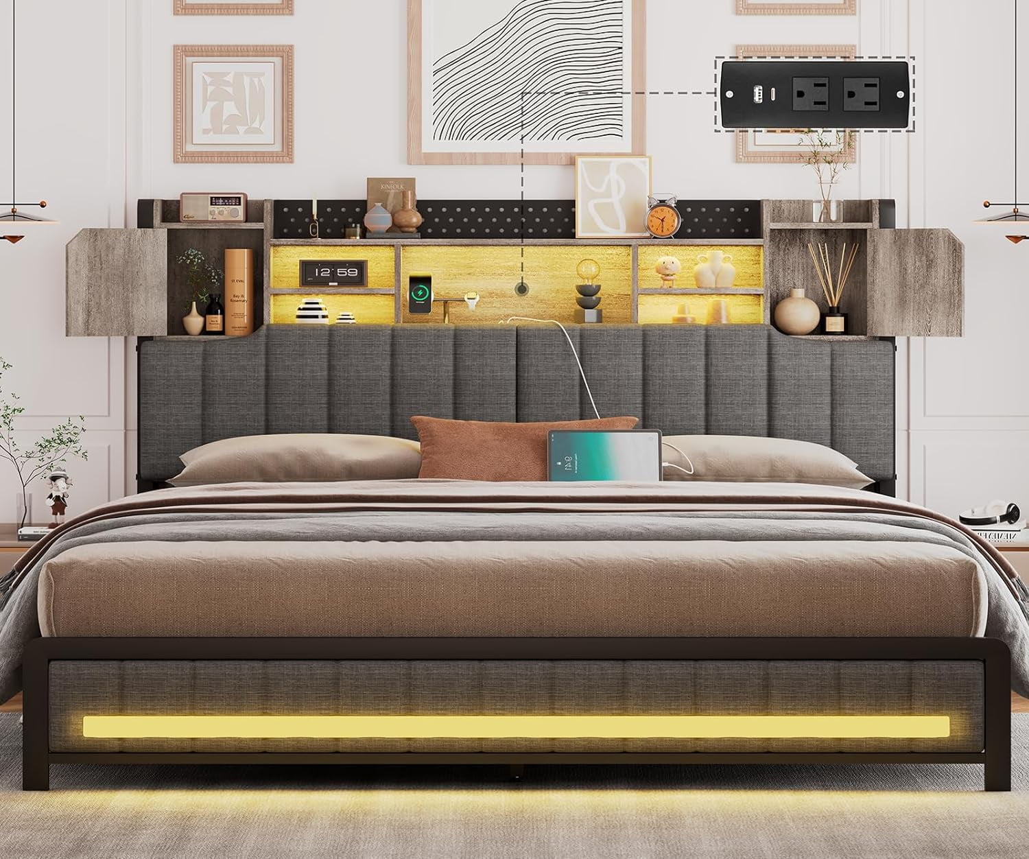 King headboard with lights and storage discount