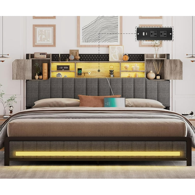 King size bookcase headboard with lights discount
