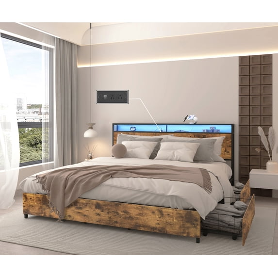 King Bed Frame with Storage Headboard and Charging Station | Solid construction, drawers, LED lights, noise-free support