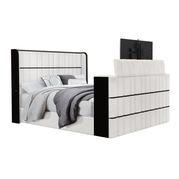 King Bed Frame with TV Lift, Fireplace, Bluetooth Speakers, LED Lights and Upholstered Headboard for Modern Bedroom