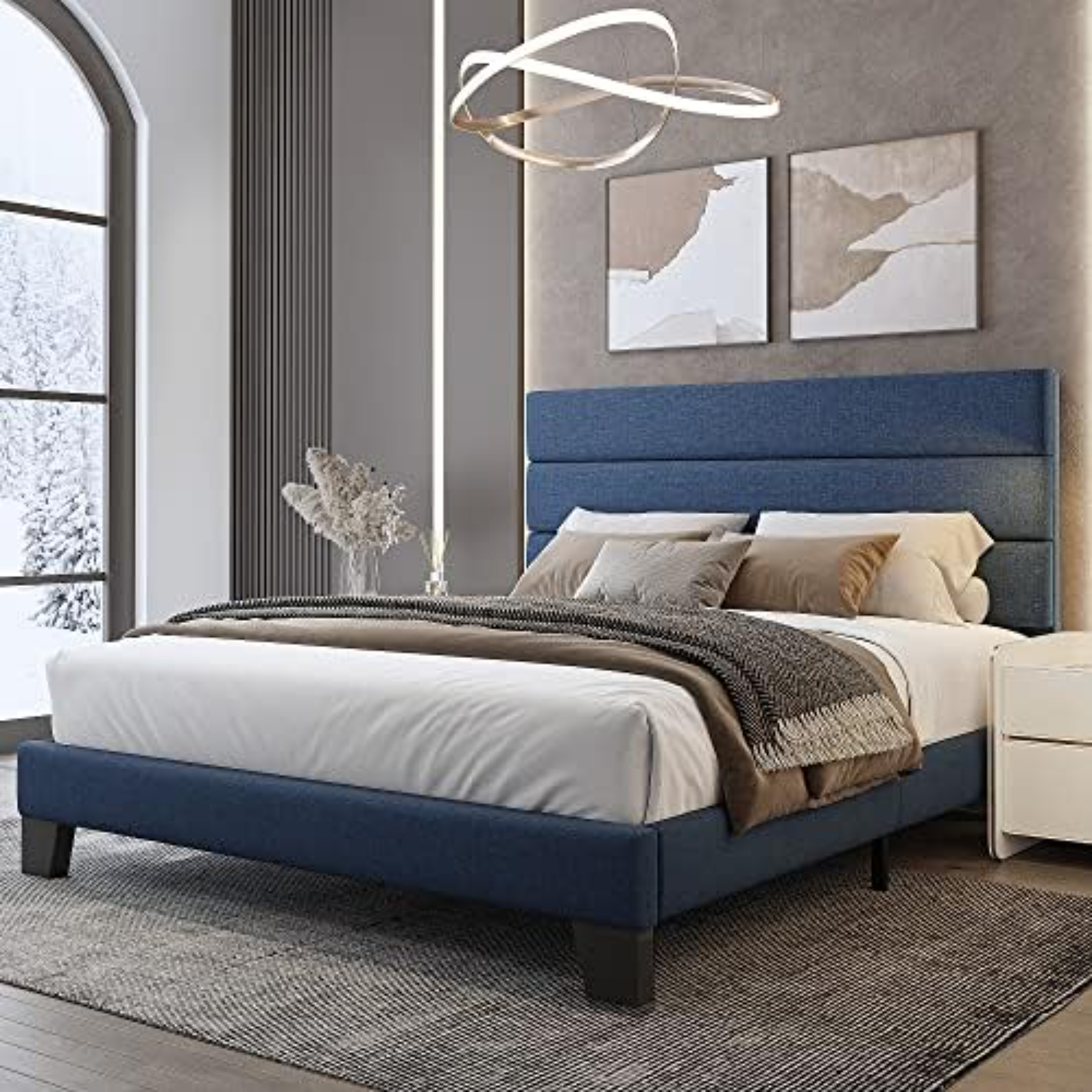 King Bed QAZX Platform Bed with Velvet Upholstered Headboard and Wooden