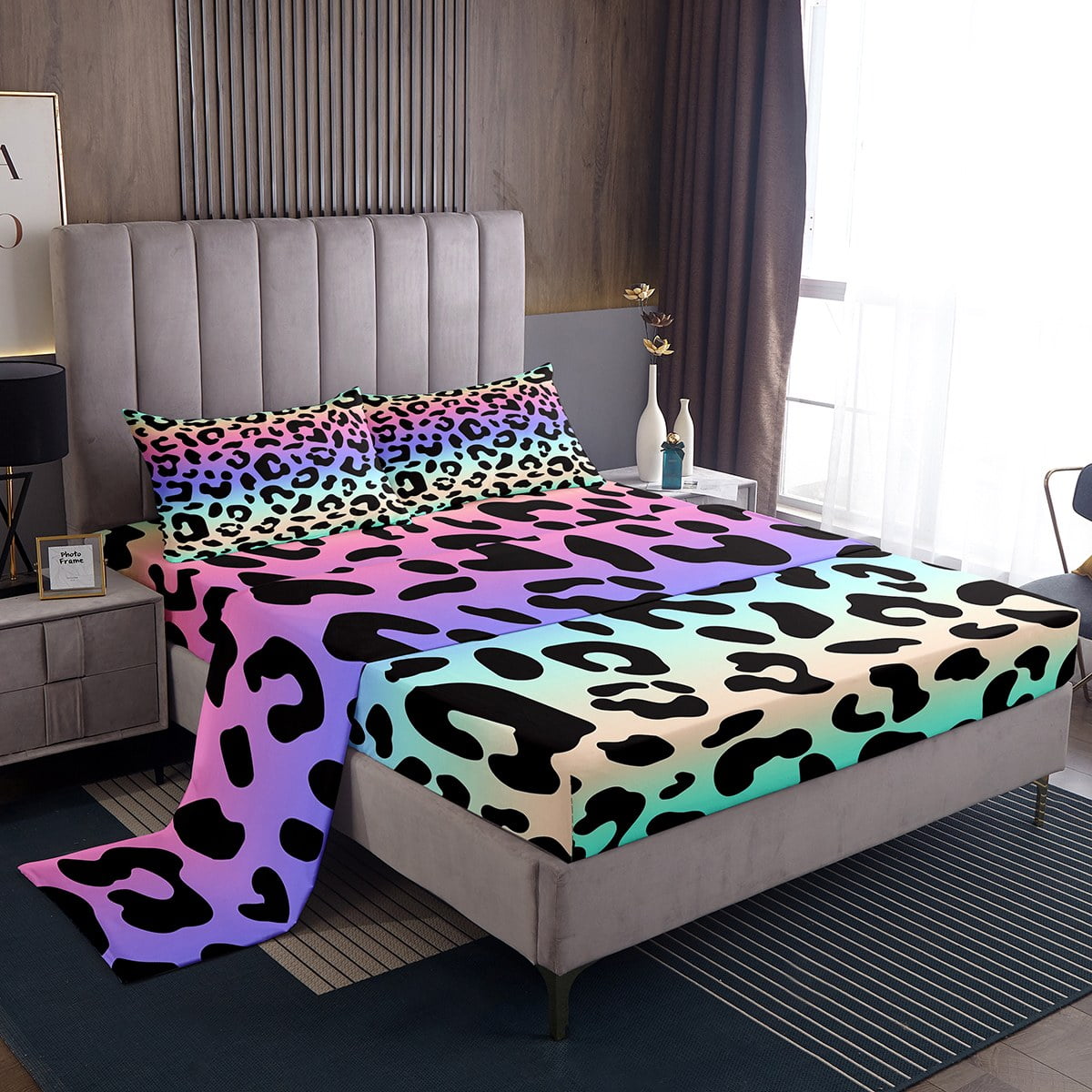 King Bed Sheets Set Purple Blue Pink Leopard Print Sheet Set for Kids