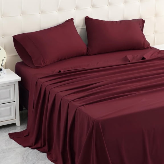 King Bed Sheets Set, Soft Breathable Bedding Sheet Set, Sheets Set with 16" Deep Pocket Design (4 Pieces, King, Wine Red)