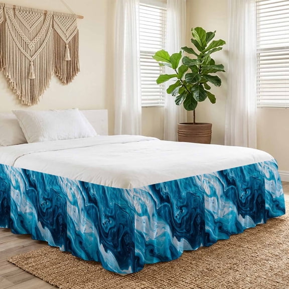 King Bed Skirt 16 Inch Drop, Abstract Blue Ocean Flowing Easy Fit Wrap Around Ruffle Bedding, Sea Waves Art Bed Skirts with Adjustable Elastic Belt