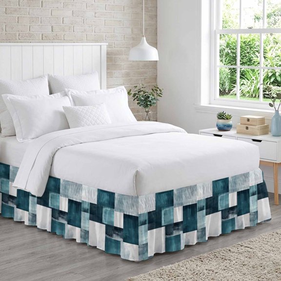 King Bed Skirt 16 Inch Drop, Abstract Bronze Color Block Easy Fit Wrap Around Ruffle Bedding, Rustic Grey White Geometric Bed Skirts with Adjustable Elastic Belt
