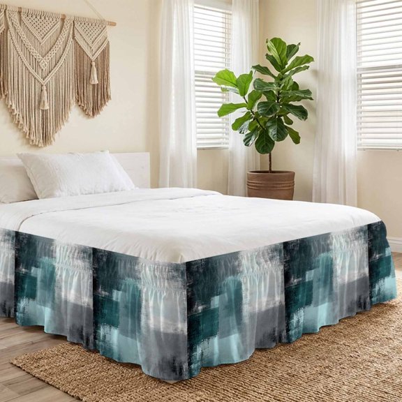 King Bed Skirt 16 Inch Drop, Abstract Color Block Bronze Gray Easy Fit Wrap Around Ruffle Bedding, Shabby Graffiti Texture Bed Skirts with Adjustable Elastic Belt