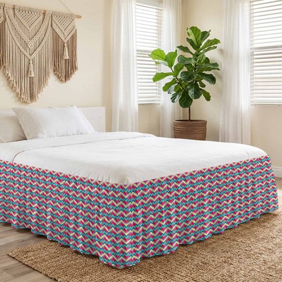 King Bed Skirt 16 Inch Drop, Abstract Ethnic Arrow Easy Fit Wrap Around Ruffle Bedding, Geometric Zig Zag Striped Bed Skirts with Adjustable Elastic Belt