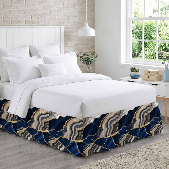 King Bed Skirt 16 Inch Drop, Abstract Flowing Marble Fluid Art Easy Fit Wrap Around Ruffle Bedding, Blue Gold Lines Bed Skirts with Adjustable Elastic Belt