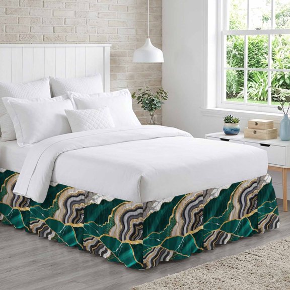King Bed Skirt 16 Inch Drop, Abstract Flowing Marble Fluid Art Easy Fit Wrap Around Ruffle Bedding, Green Gold Lines Bed Skirts with Adjustable Elastic Belt