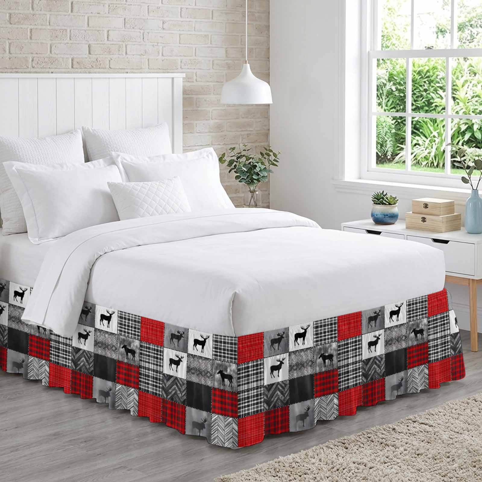 King Bed Skirt 16 Inch Drop, Abstract Geometric Buffalo Plaid Easy Fit ...