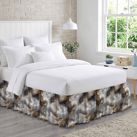 King Bed Skirt 16 Inch Drop, Abstract Modern Flowing Marble Art Easy Fit Wrap Around Ruffle Bedding, Gray and Gold Bed Skirts with Adjustable Elastic Belt