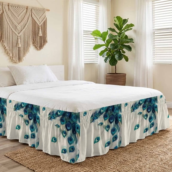 King Bed Skirt 16 Inch Drop, Abstract Peacock Feather Easy Fit Wrap Around Ruffle Bedding, Realistic Animal Texture Bed Skirts with Adjustable Elastic Belt