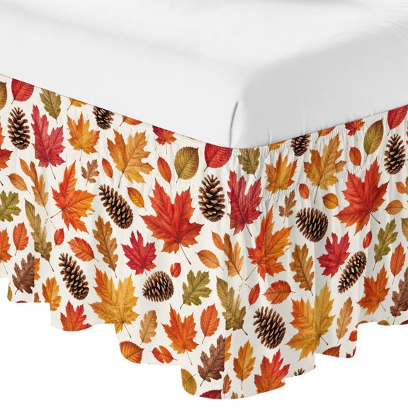 King Bed Skirt 16 Inch Drop, Autumn Maple Leaf Thanksgiving Pine Cone Easy Fit Wrap Around Ruffle Bedding, Orange Leaves Seamless Bed Skirts with Adjustable Elastic Belt