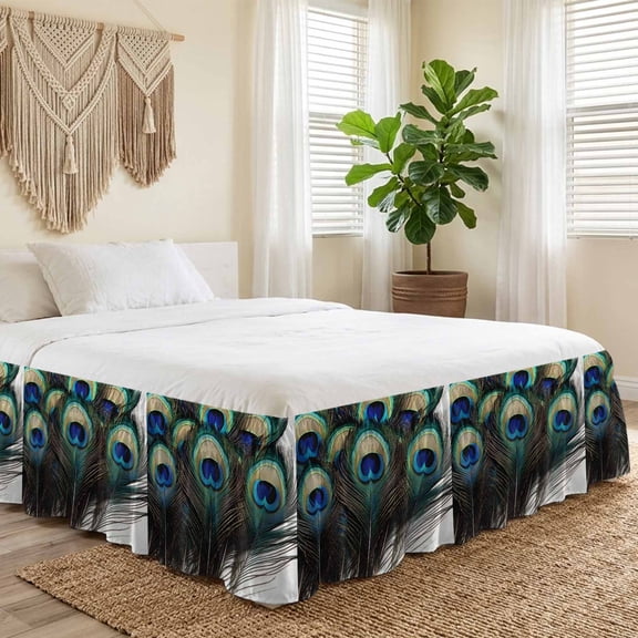 King Bed Skirt 16 Inch Drop, Beautiful Peacock Feathers Easy Fit Wrap Around Ruffle Bedding, Blue Colorful Art Bed Skirts with Adjustable Elastic Belt