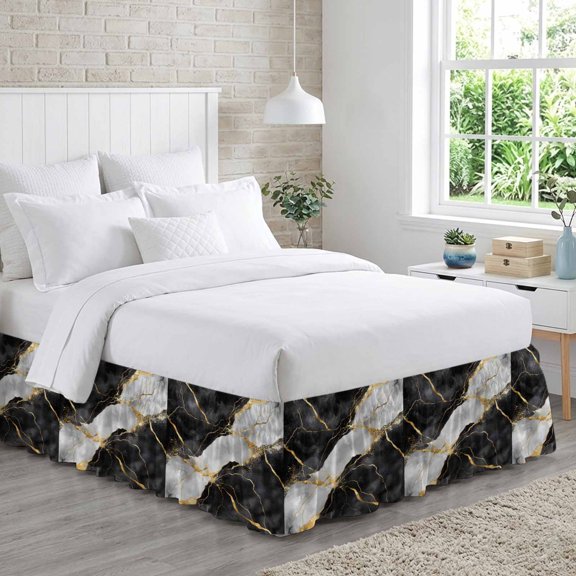 King Bed Skirt 16 Inch Drop, Black Grey Gold Marble Texture Easy Fit Wrap Around Ruffle Bedding, Luxury Pattern Flow Stone Bed Skirts with Adjustable Elastic Belt