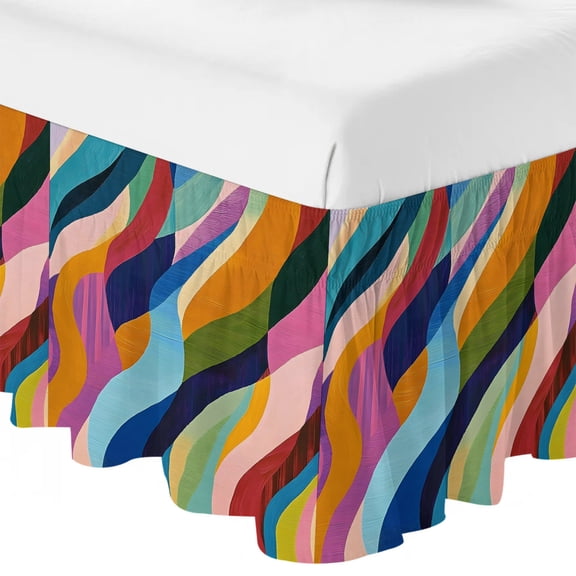 King Bed Skirt 16 Inch Drop, Colorful Wavy Boho Style Easy Fit Wrap Around Ruffle Bedding, Abstract Geometric Flowing Curves Bed Skirts with Adjustable Elastic Belt