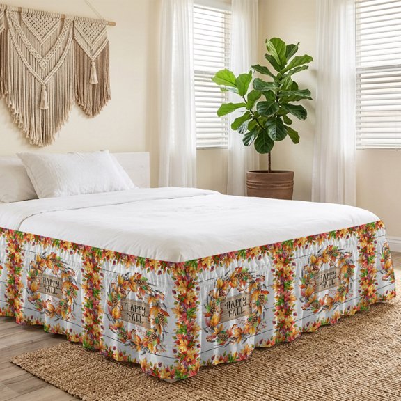 King Bed Skirt 16 Inch Drop, Fall Wreath Maple Leaf Pinecone Easy Fit Wrap Around Ruffle Bedding, Autumn Gradient Leaves Bed Skirts with Adjustable Elastic Belt