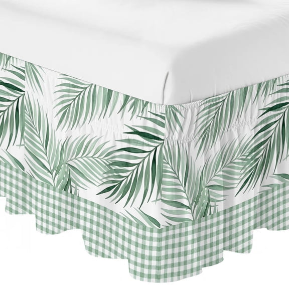 King Bed Skirt 16 Inch Drop, Farmhouse Forest Green Palm Leaves Easy Fit Wrap Around Ruffle Bedding, Rustic Gingham Check Bed Skirts with Adjustable Elastic Belt