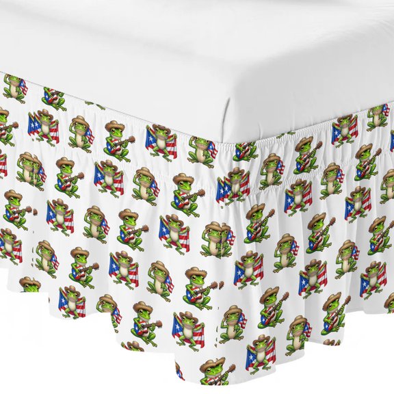 King Bed Skirt 16 Inch Drop, Green Frog Puerto Rico Flags Easy Fit Wrap Around Ruffle Bedding, Funny Animal Guitar Bed Skirts with Adjustable Elastic Belt