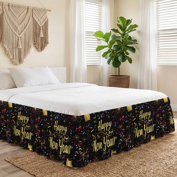 King Bed Skirt 16 Inch Drop, Happy New Year Words Easy Fit Wrap Around Ruffle Bedding, Colorful Fireworks Bed Skirts with Adjustable Elastic Belt