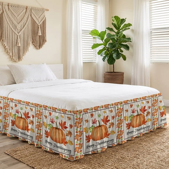 King Bed Skirt 16 Inch Drop, Happy Thanksgiving Words Easy Fit Wrap Around Ruffle Bedding, Retro Farm Pumpkin Maple Leaves Bed Skirts with Adjustable Elastic Belt