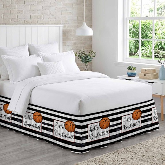 King Bed Skirt 16 Inch Drop, Hello Basketball Words Easy Fit Wrap Around Ruffle Bedding, Black White Striped Bed Skirts with Adjustable Elastic Belt
