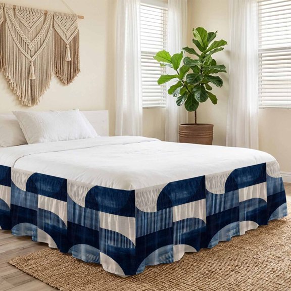 King Bed Skirt 16 Inch Drop, Navy Blue Color Block Abstract Geometric Easy Fit Wrap Around Ruffle Bedding, Nordic Style Bed Skirts with Adjustable Elastic Belt