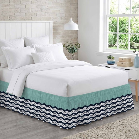 King Bed Skirt 16 Inch Drop, Navy Blue Wavy Abstract Geometric Easy Fit Wrap Around Ruffle Bedding, Watercolor Zigzag Chevron Bed Skirts with Adjustable Elastic Belt