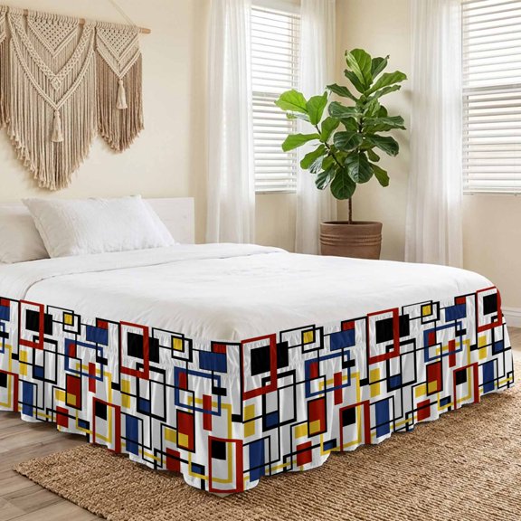 King Bed Skirt 16 Inch Drop, Nordic Retro Geometric Art Easy Fit Wrap Around Ruffle Bedding, Middle Ages Rectangle Color Block Bed Skirts with Adjustable Elastic Belt