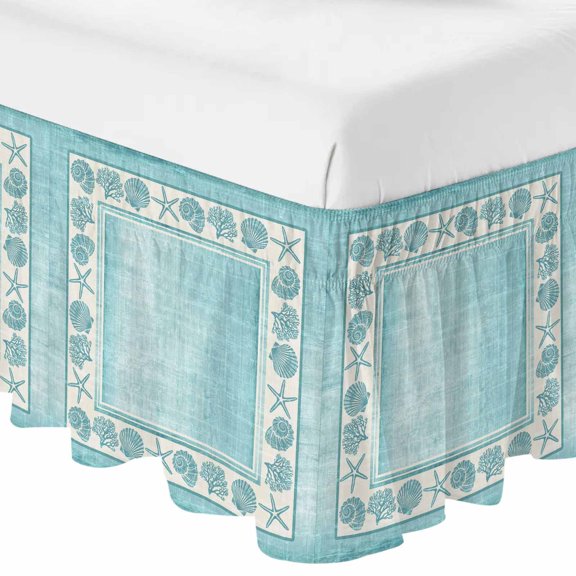 King Bed Skirt 16 Inch Drop, Ocean Starfish Shell Coral Conch Easy Fit Wrap Around Ruffle Bedding, Blue Border Bed Skirts with Adjustable Elastic Belt