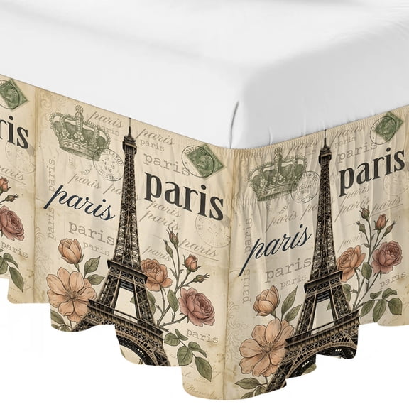 King Bed Skirt 16 Inch Drop, Paris Architecture Tower Crown Easy Fit Wrap Around Ruffle Bedding, Blossom Flower Stamp Texture Bed Skirts with Adjustable Elastic Belt