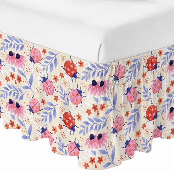 King Bed Skirt 16 Inch Drop, Pastoral Ladybug Cute Flower Easy Fit Wrap Around Ruffle Bedding, Watercolor Purple Leaves Bed Skirts with Adjustable Elastic Belt