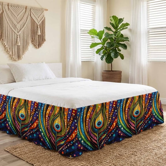 King Bed Skirt 16 Inch Drop, Peacock Feather Colorful Stripe Easy Fit Wrap Around Ruffle Bedding, Abstract Art Bed Skirts with Adjustable Elastic Belt