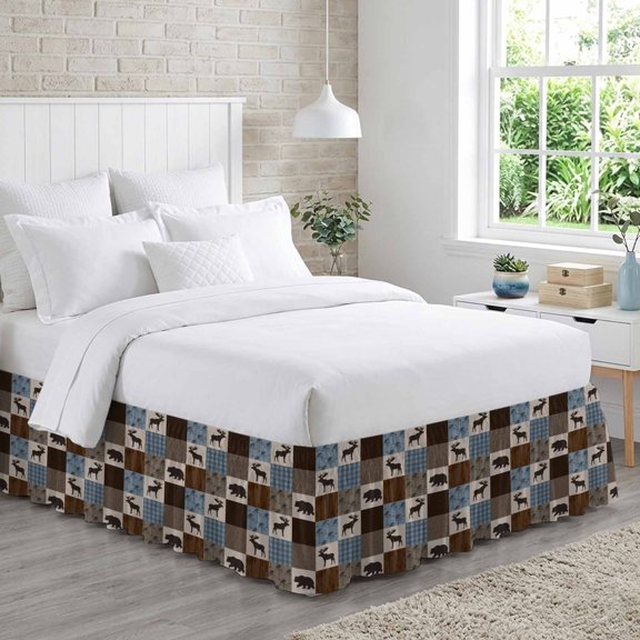 King Bed Skirt 16 Inch Drop, Retro Deer Bear Plaid Check Easy Fit Wrap Around Ruffle Bedding, Abstract Patchwork Pattern Bed Skirts with Adjustable Elastic Belt