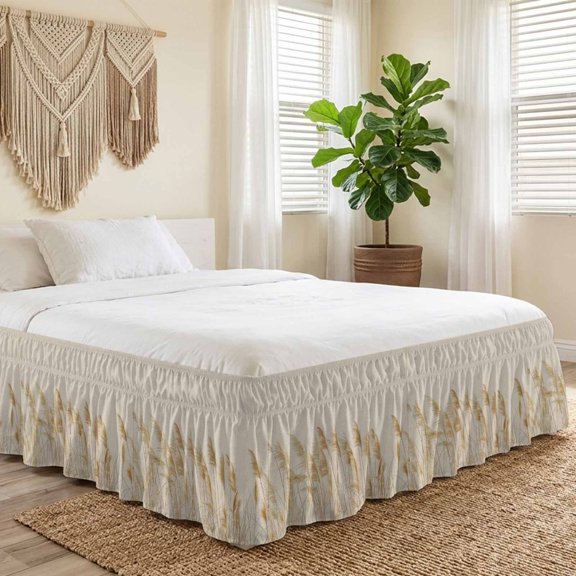 King Bed Skirt 16 Inch Drop, Retro Fall Reed Plant on Linen Flax Easy Fit Wrap Around Ruffle Bedding, Minimalist Bulrush Sketch Art Bed Skirts with Adjustable Elastic Belt