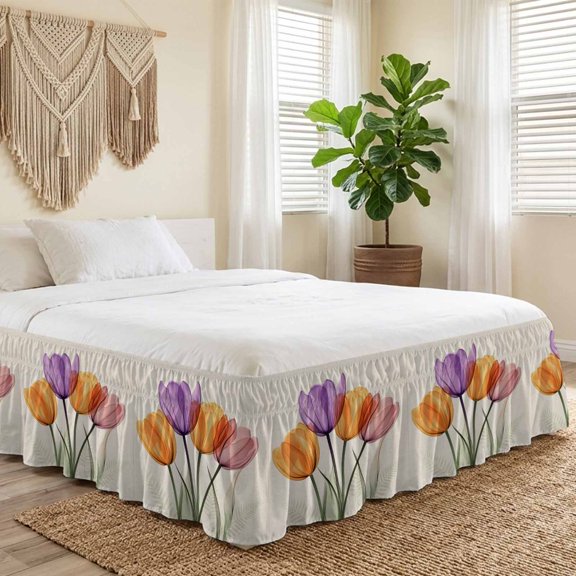 King Bed Skirt 16 Inch Drop, Spring Floral Colorful Tulip Easy Fit Wrap Around Ruffle Bedding, Countryside Wild Flower Bed Skirts with Adjustable Elastic Belt