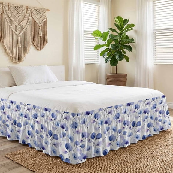 King Bed Skirt 16 Inch Drop, Spring Watercolor Pansy Flower Easy Fit Wrap Around Ruffle Bedding, Natural Purple Blue Floral Bed Skirts with Adjustable Elastic Belt
