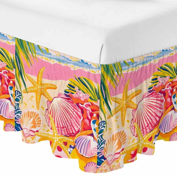 King Bed Skirt 16 Inch Drop, Summer Starfish Scallop Shell Palm Leaves Easy Fit Wrap Around Ruffle Bedding, Beach Scene Art Bed Skirts with Adjustable Elastic Belt